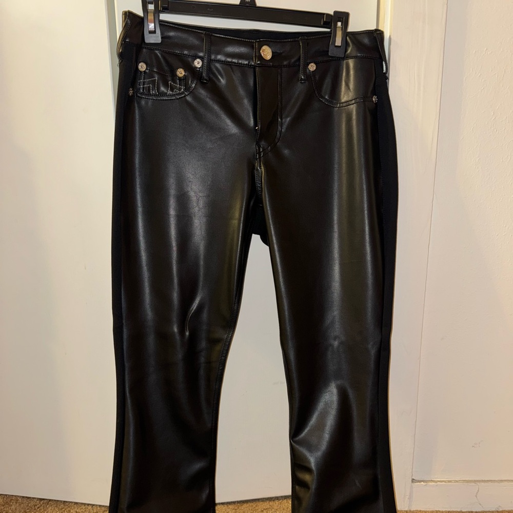 True Religion Black Faux Leather Boot Cut Pants